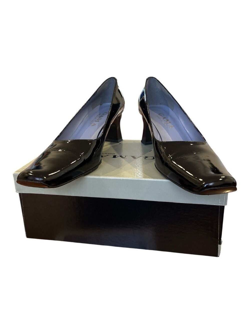 80s GAMA MADE IN ITALY BLACK PATENT LEATHER FLARED BLOCK HEEL COURT SHOE SZ 9.5 - Picture 4 of 9